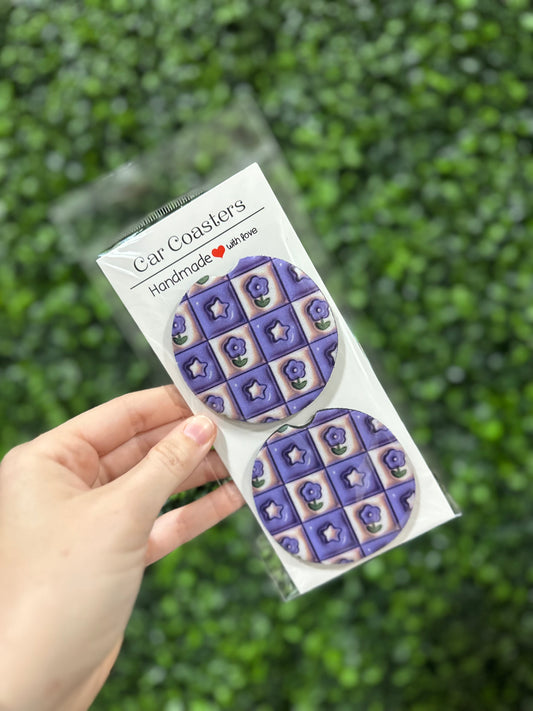 Purple & White Flower Bubble Check Car Coaster