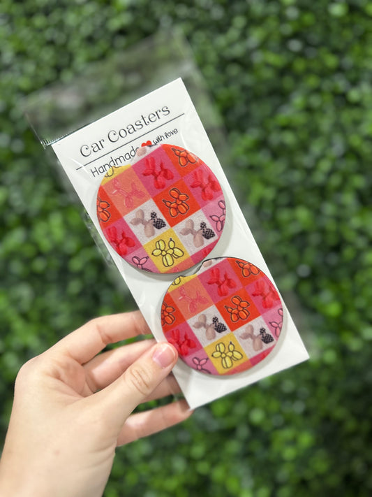Orange, Yellow, Pink Check Balloon Dog Car Coaster