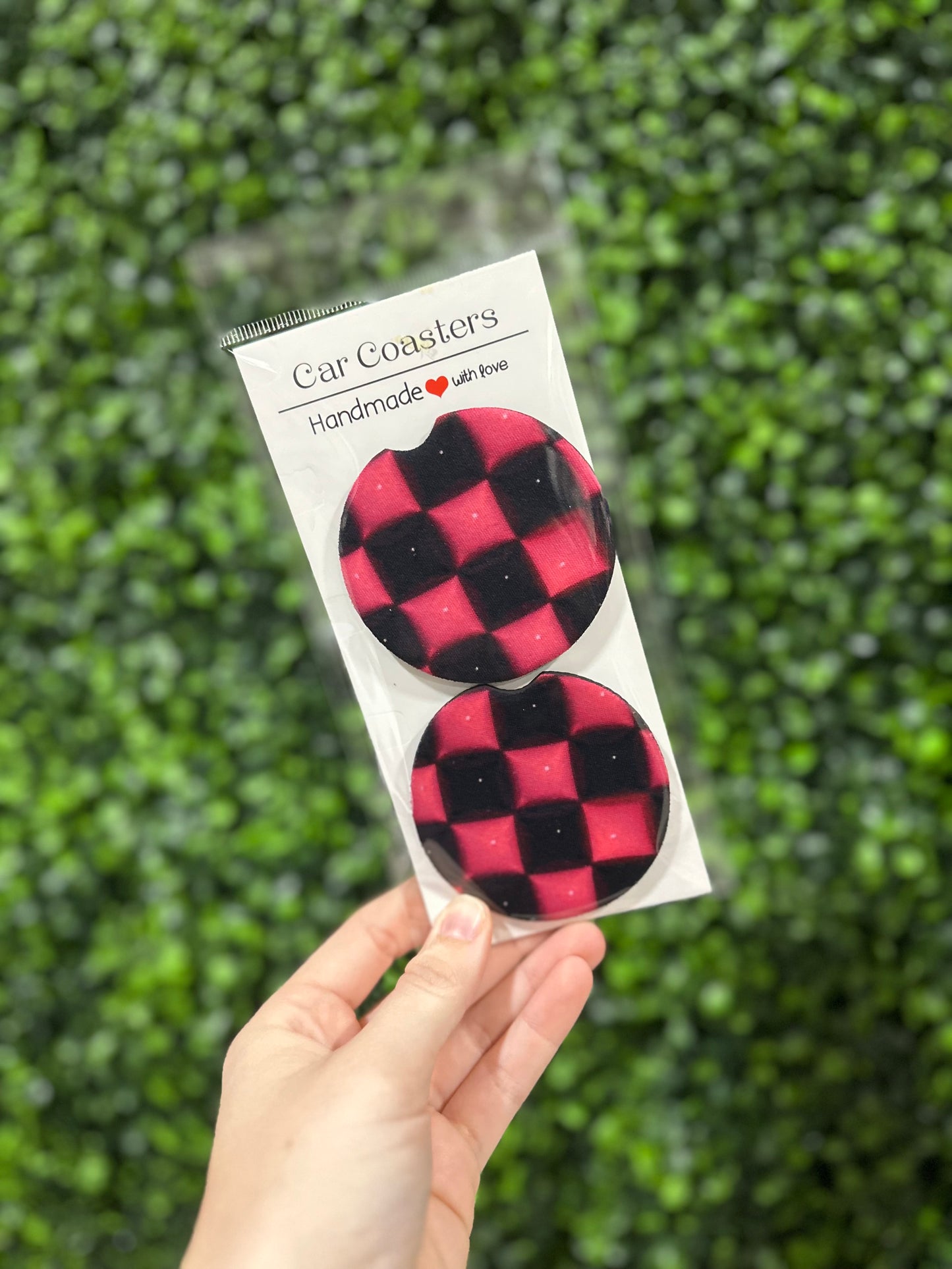 Pink & Black Bubble Check Car Coaster
