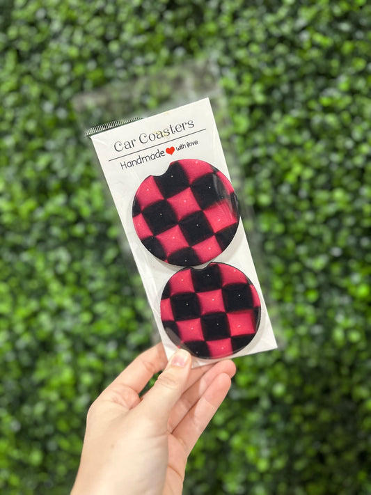 Pink & Black Bubble Check Car Coaster