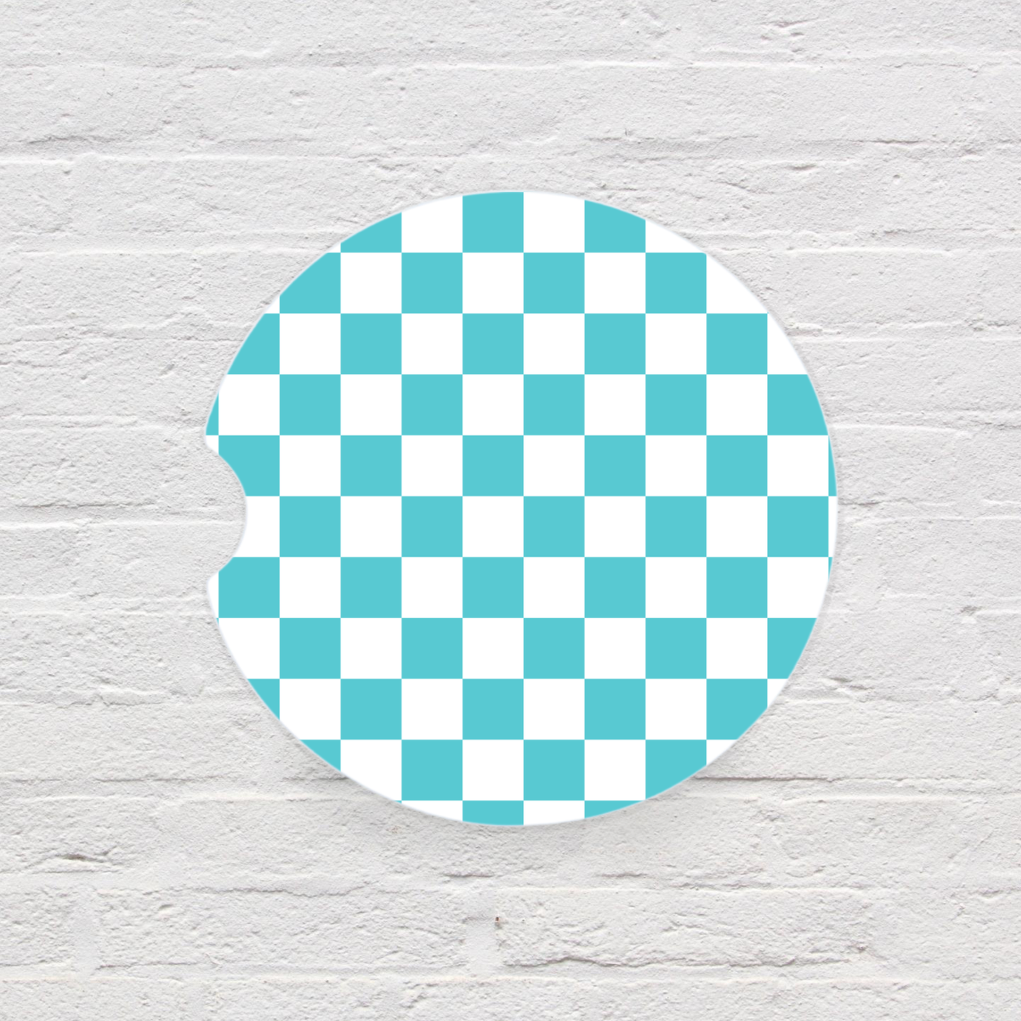 Teal & White Check Car Coaster Set