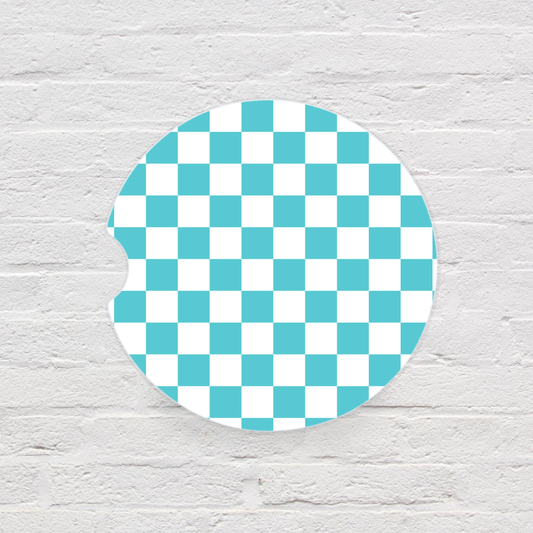 Teal & White Check Car Coaster Set