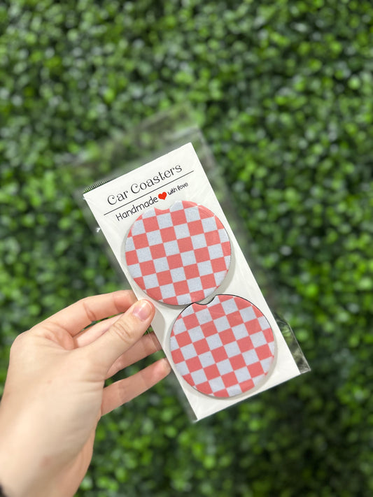 Pink & White Check Car Coaster