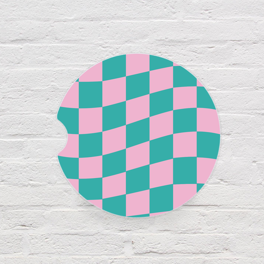 Teal & Pink Check Car Coaster Set