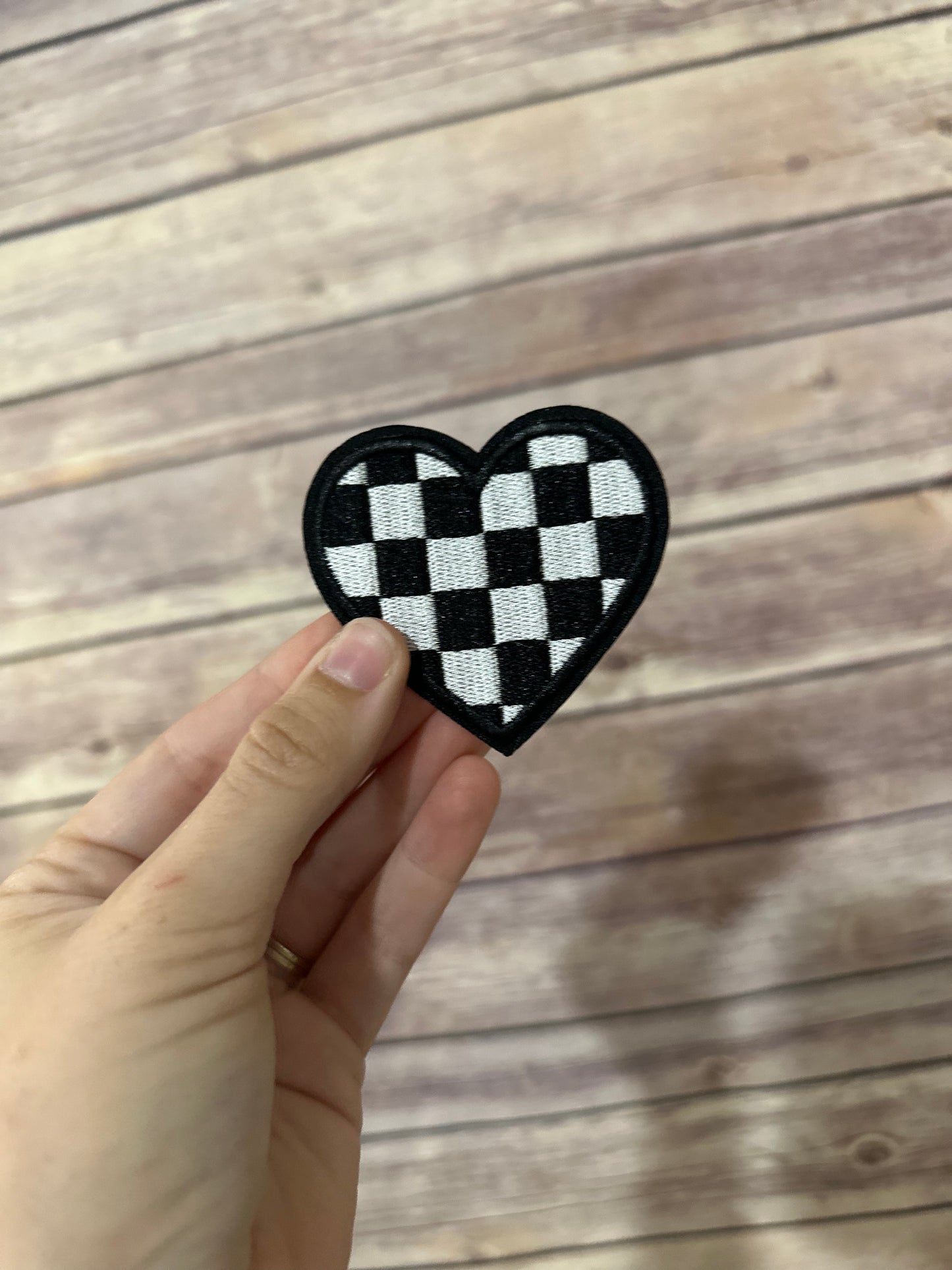 Black/White Check Heart Iron on Patch