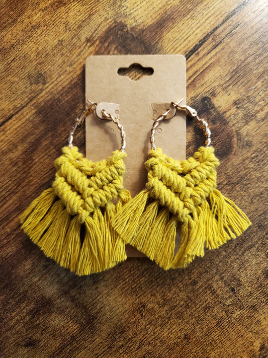 Mustard Gold Hoop Macrame Earrings