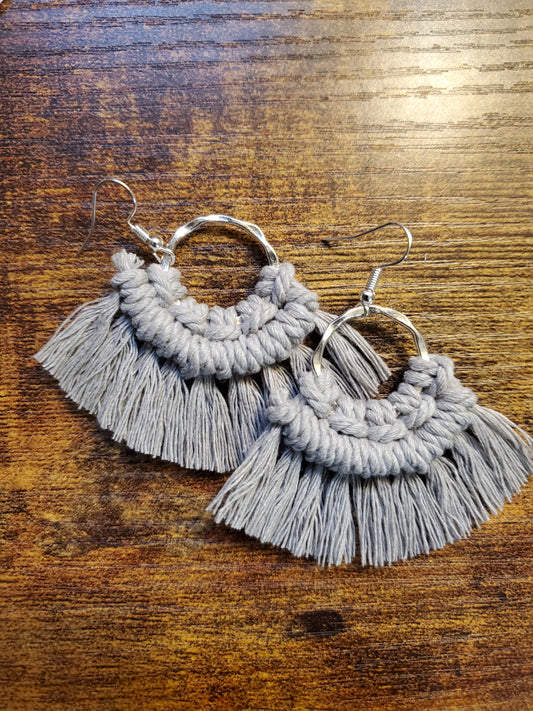 Grey Small Flare Round Macrame Earrings