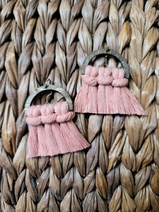 Dusty Coral Wood Macrame Earrings