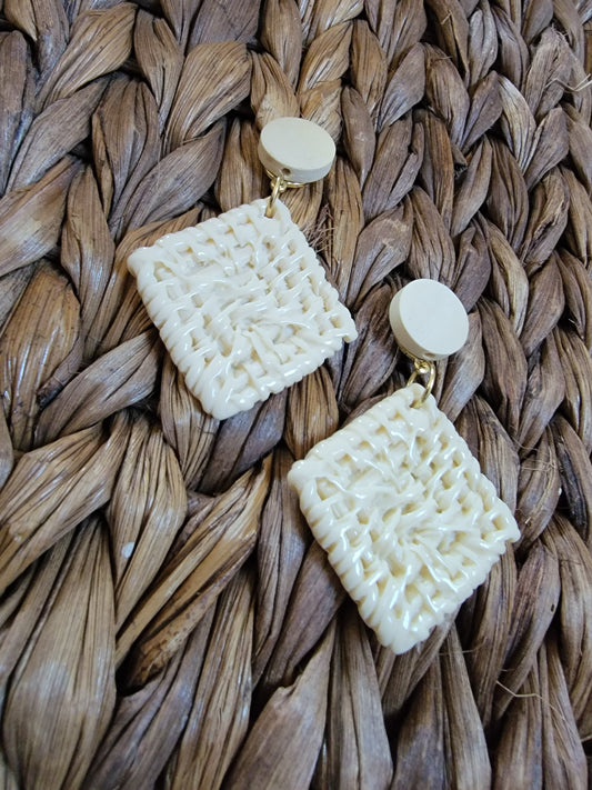 Ivory Square Rattan Style Clay Earrings