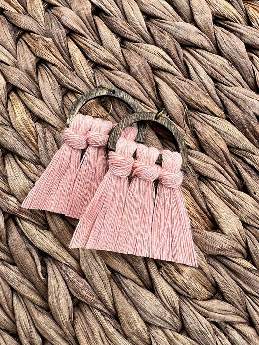 Light Pink Wood Macrame Earrings